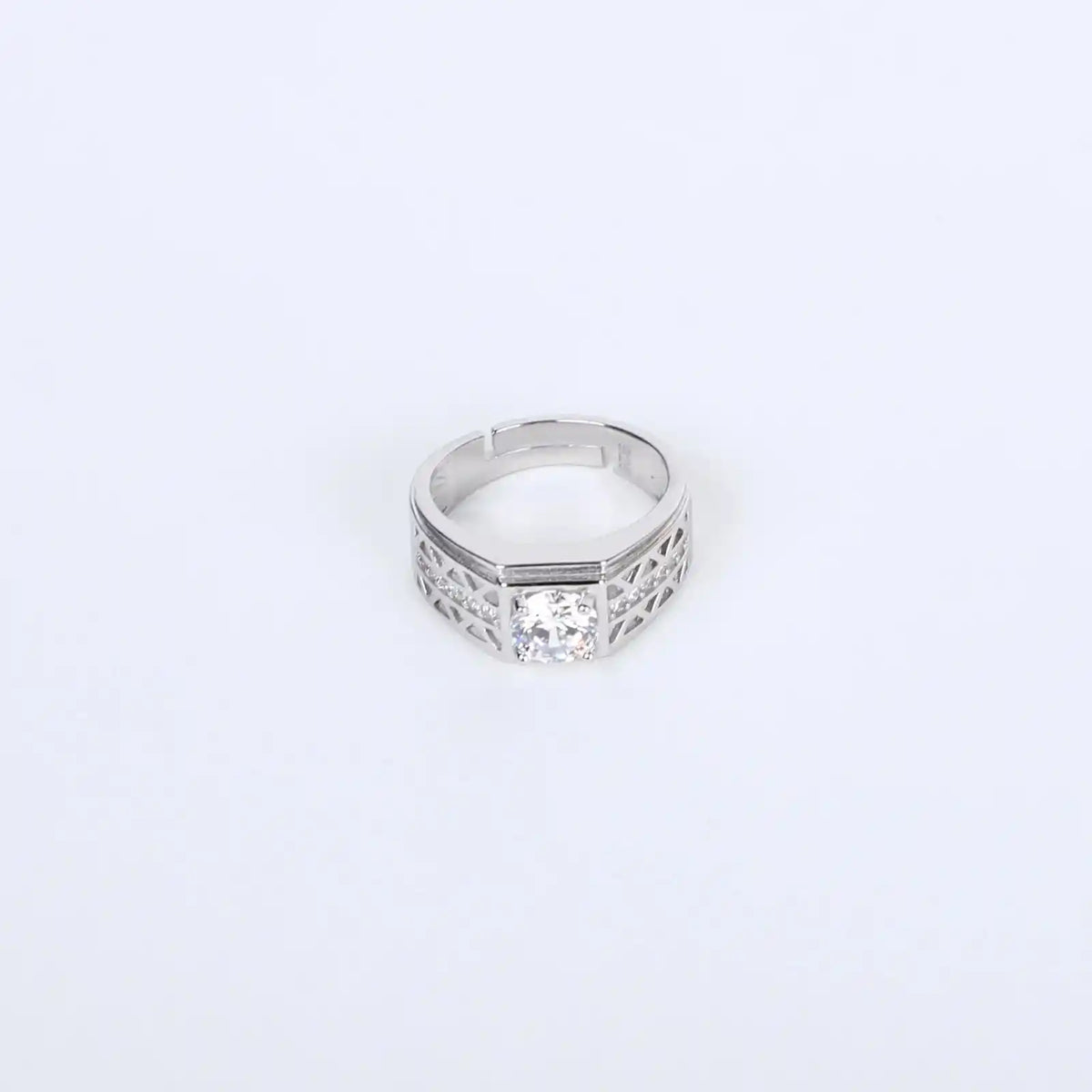 Men's pyramid cut silver ring with brilliant center stone – modern geometric design