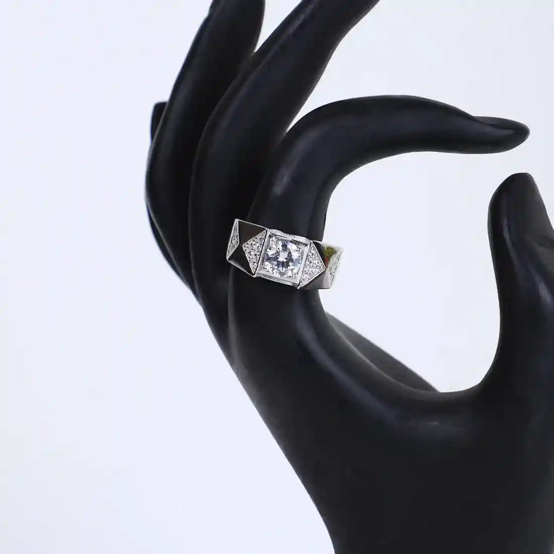 Men's Luxury Silver Ring with Geometric Detailing & Brilliant Center Stone