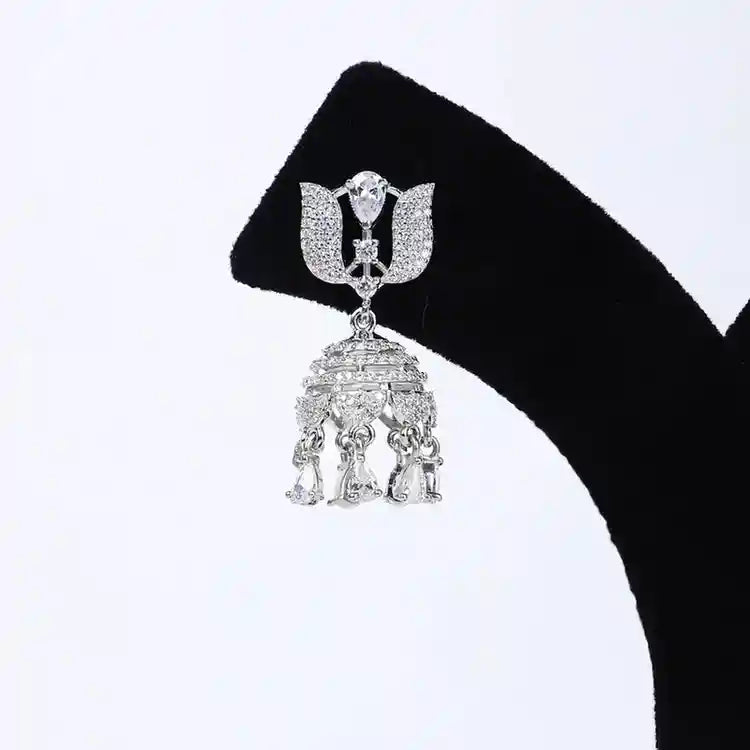 925 Silver Jhumka Earrings with Floral Top & Cascading Zircon Drops
