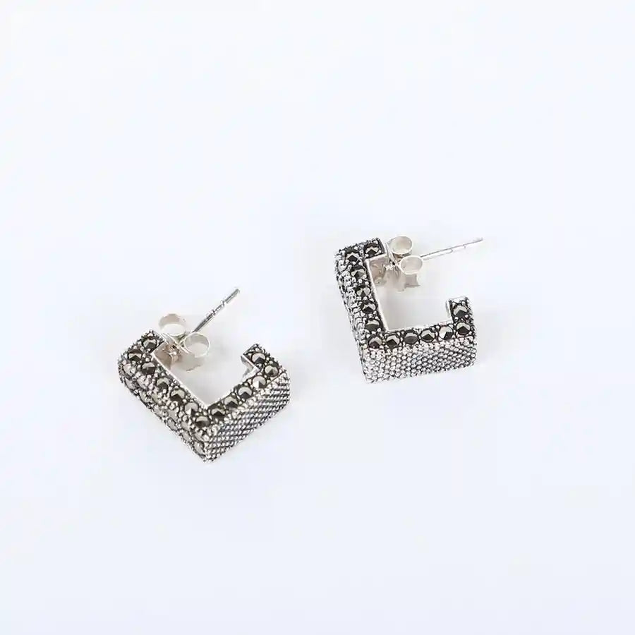 925 silver vintage marcasite square hoop earrings – bold retro charm