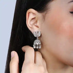 Load image into Gallery viewer, 925 Silver Jhumka Earrings with Floral Top &amp; Cascading Zircon Drops
