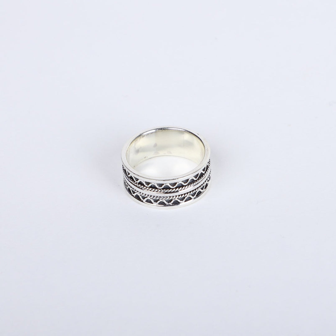 Men's Oxidized Silver Spinner Ring – Tribal Rope & Zigzag Design