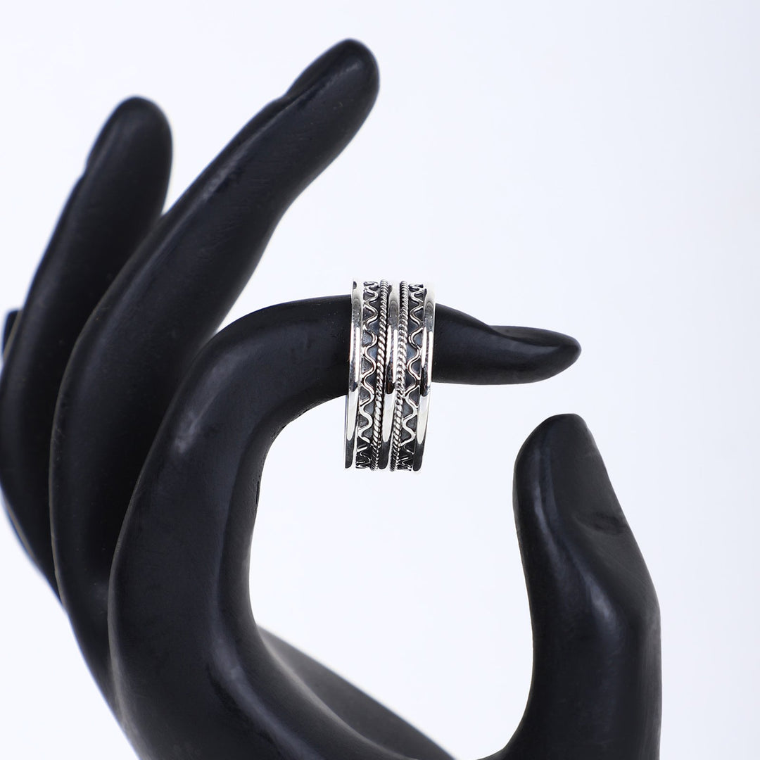 Men's Oxidized Silver Spinner Ring – Tribal Rope & Zigzag Design
