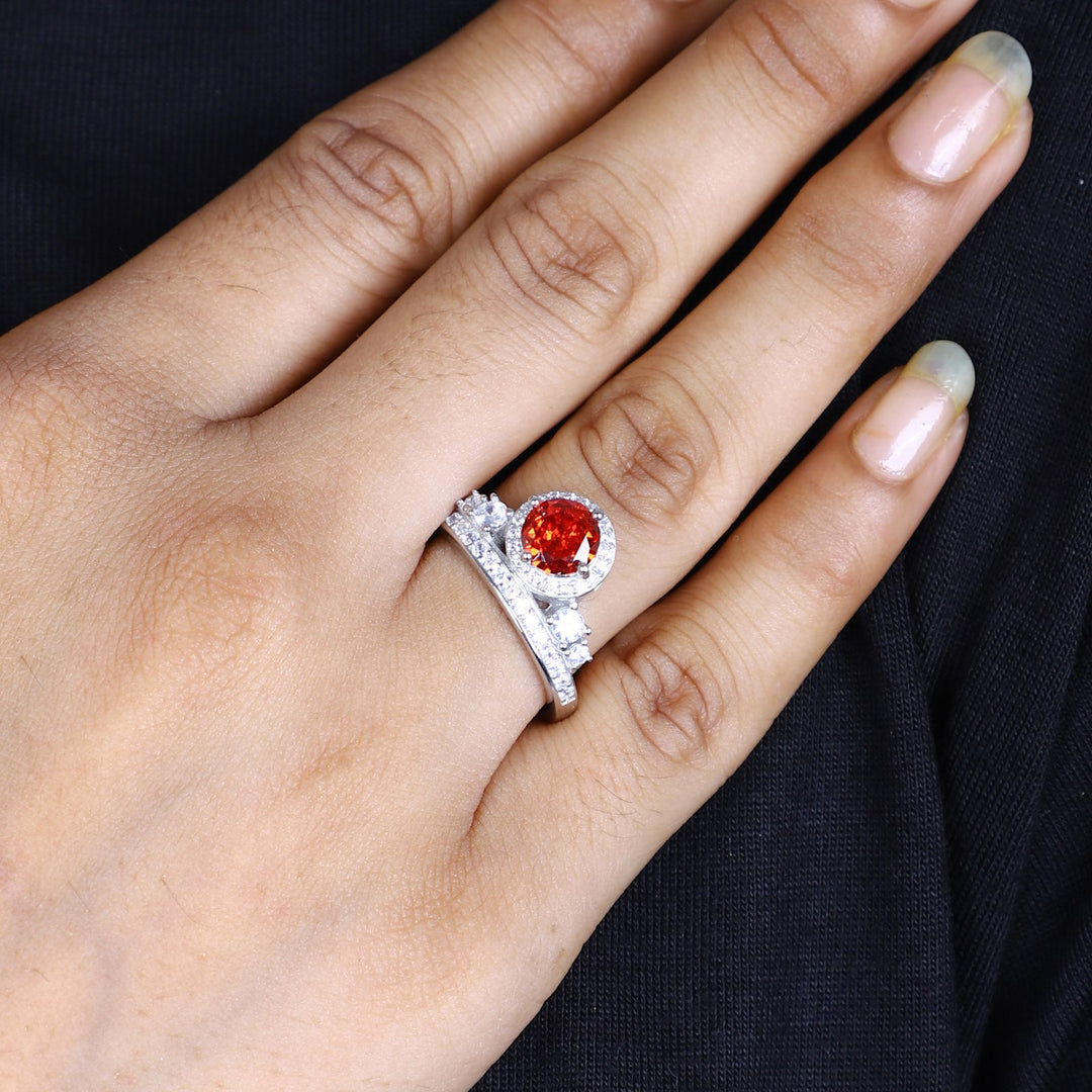 Women's Fiery Orange Gemstone Ring – Halo Design with Sparkling Accents
