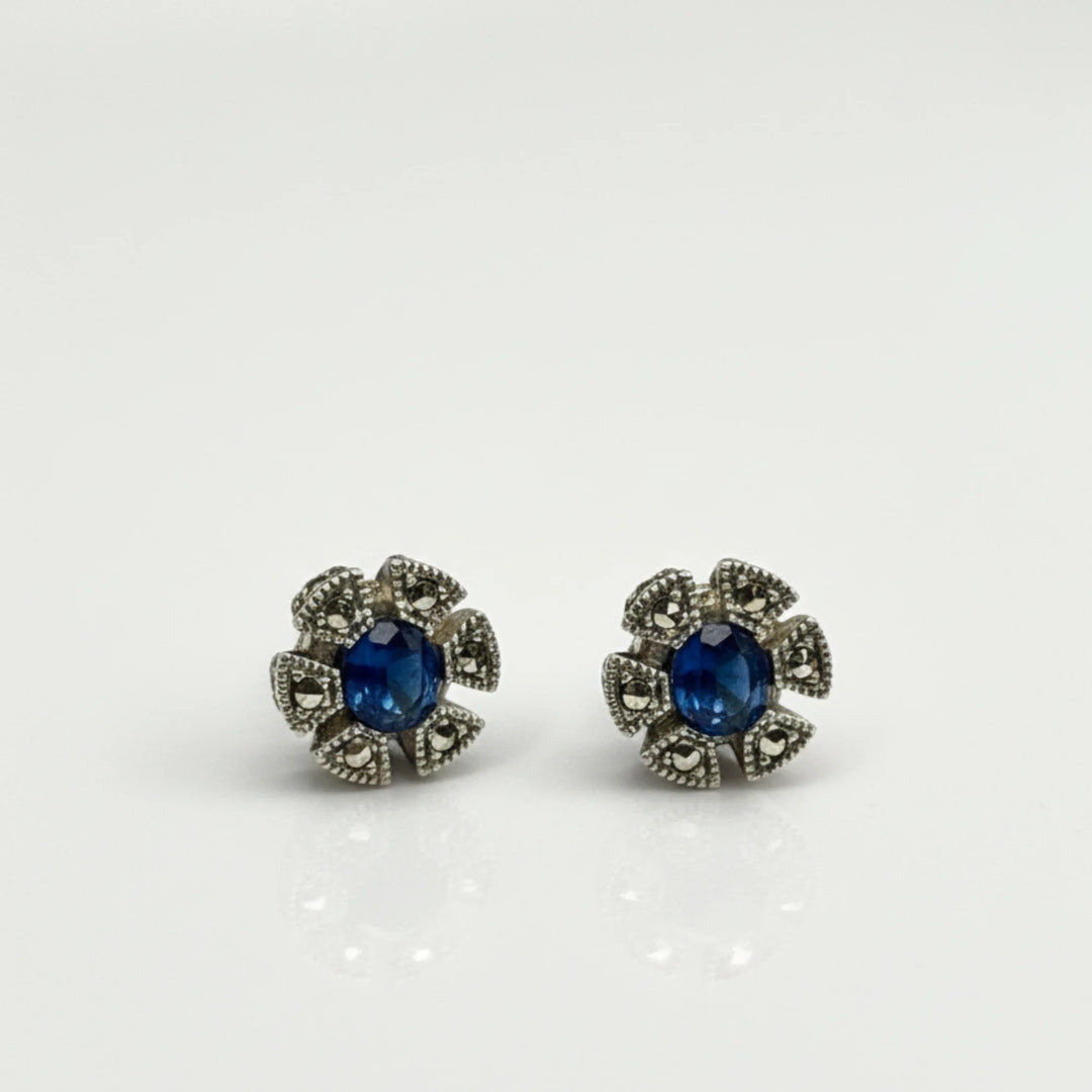 Midnight Bloom Oxidized Silver Blue Stone Earrings