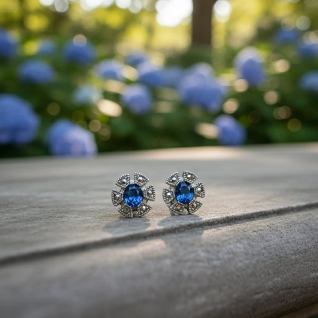 Midnight Bloom Oxidized Silver Blue Stone Earrings