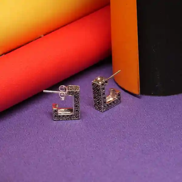 925 Silver Vintage Marcasite Square Hoop Earrings – Bold Retro Charm