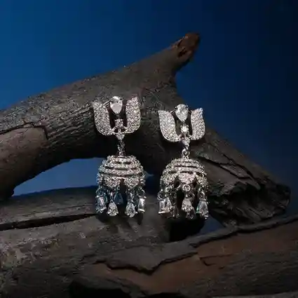 925 Silver Jhumka Earrings with Floral Top & Cascading Zircon Drops