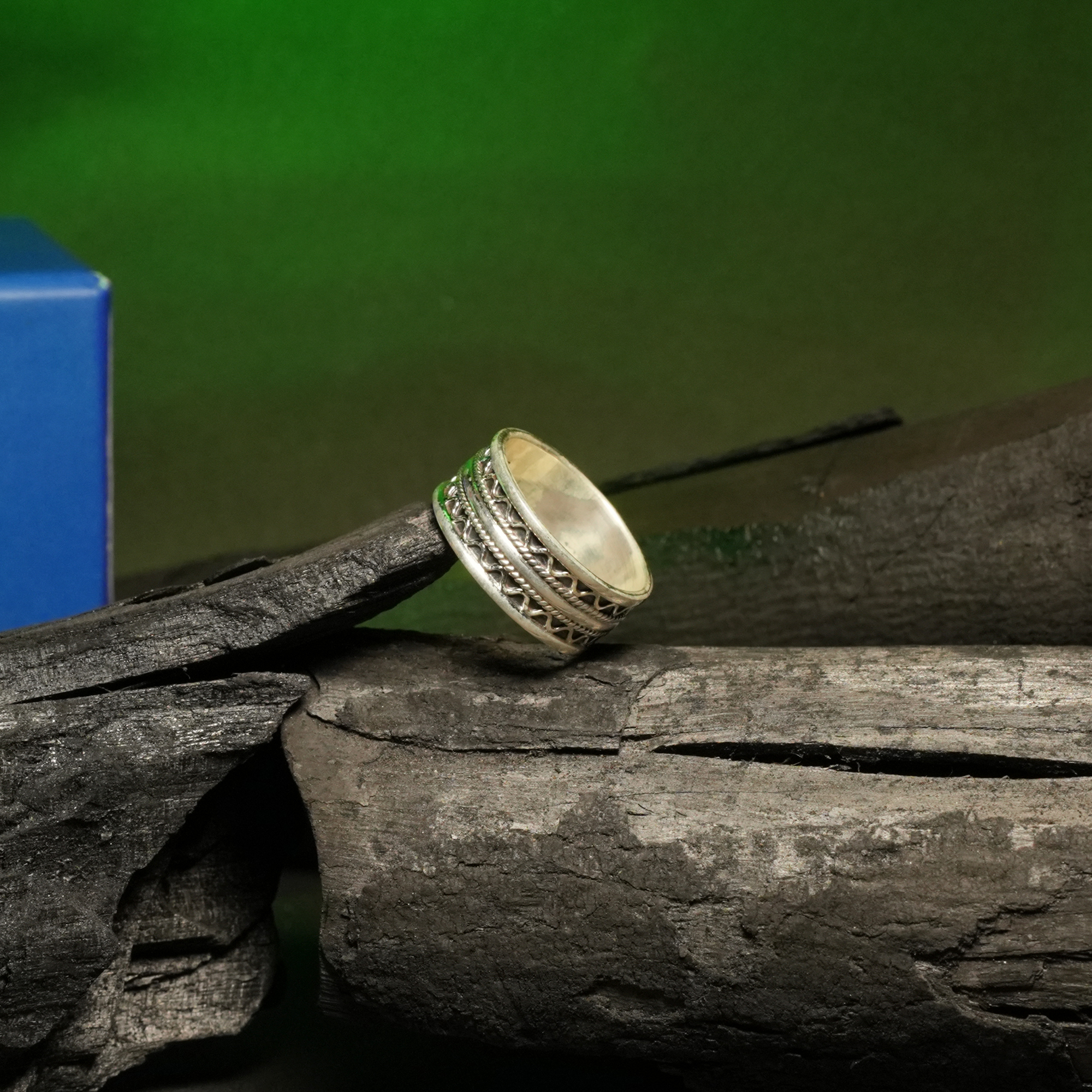 Men's Oxidized Silver Spinner Ring – Tribal Rope & Zigzag Design