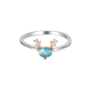 Women's Whimsical Blue Gemstone Ring with Rose Gold Antler Accents