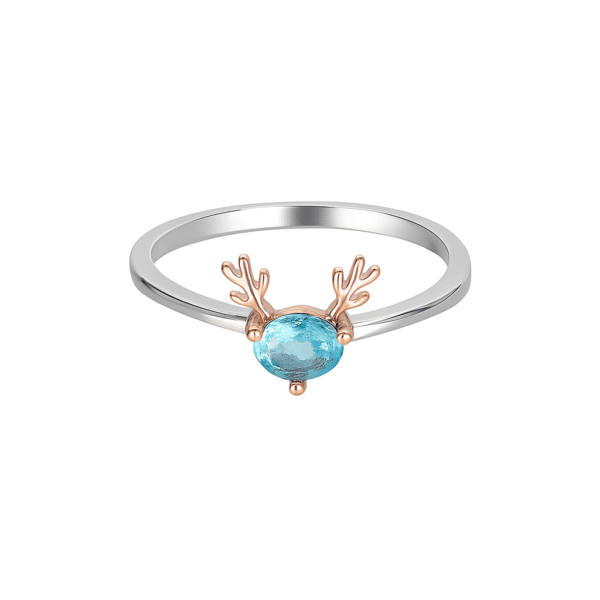 Women's Whimsical Blue Gemstone Ring with Rose Gold Antler Accents