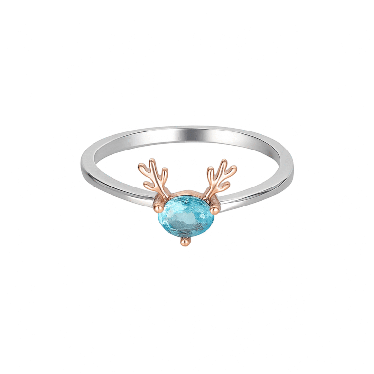 Women’s Whimsical Blue Gemstone Ring with Rose Gold Antler Accents