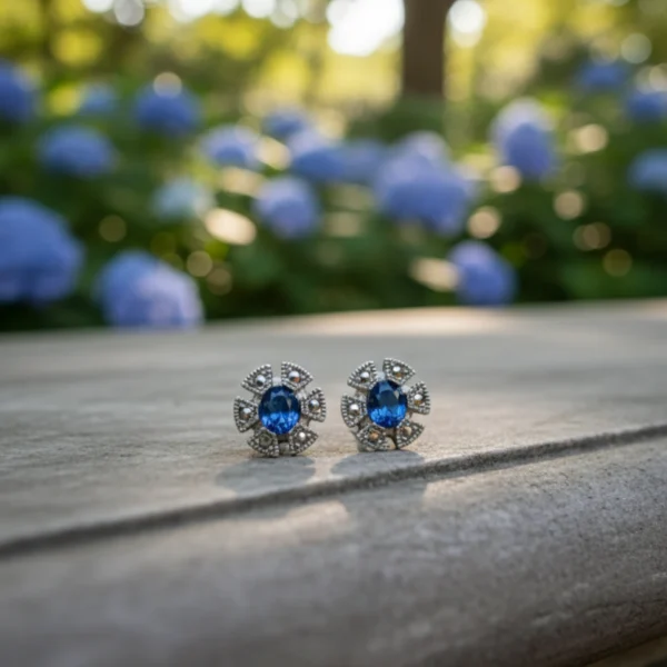 Midnight Bloom Oxidized Silver Blue Stone Earrings - Image 2